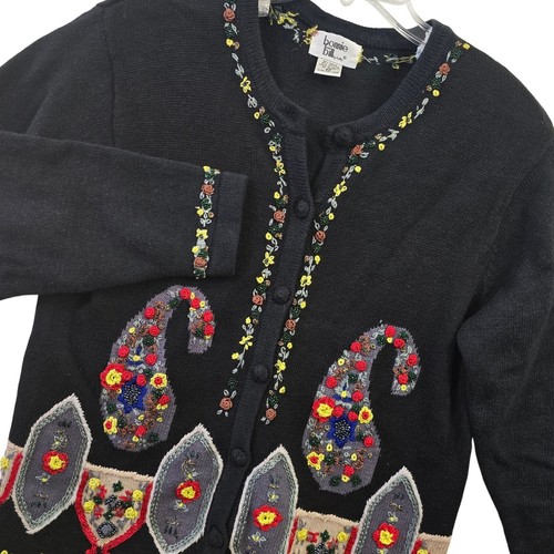 Bonnie Bill Black Embroidery Vintage 80s Floral Cardigan Sweater Medium Folk Art