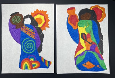 Pair Of Women In Colorful Dresses w/ Abstract Jars Marker Drawing 12x9  Folk Art