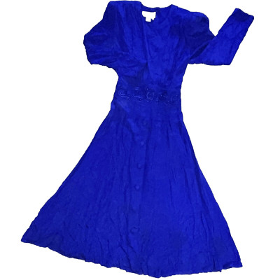 VTG 90s Karin Stevens Dress Blue Midi LS Embroidery Beads Secretary Geek