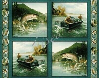 Fish Fishing Boat Trout Cotton Fabric Panel Quilt Pillows DIY