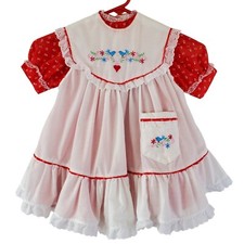 Prairie Cottage Core Dress Girls 5 Red White Floral White Embroidered Smock