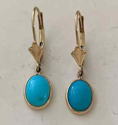 Drop Dangle Solitaire Earrings Oval Natural Turquoise 14K Yellow Gold Plated