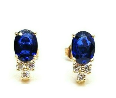 Natural Blue Sapphire & Diamond Stud Earring With 14 k Yellow gold For Gift Stud