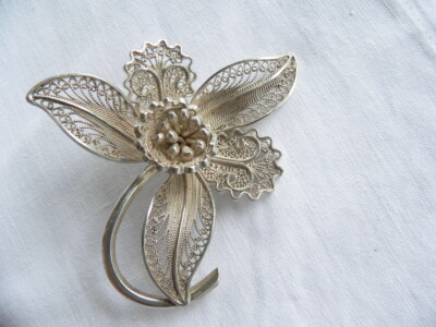 Broche Ancienne Art Nouveau En Argent Sterling, Forme Orchidée - Bon état