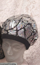 Brand New Black & Silver SPARKLY SEQUIN Knit Beret Style Hat