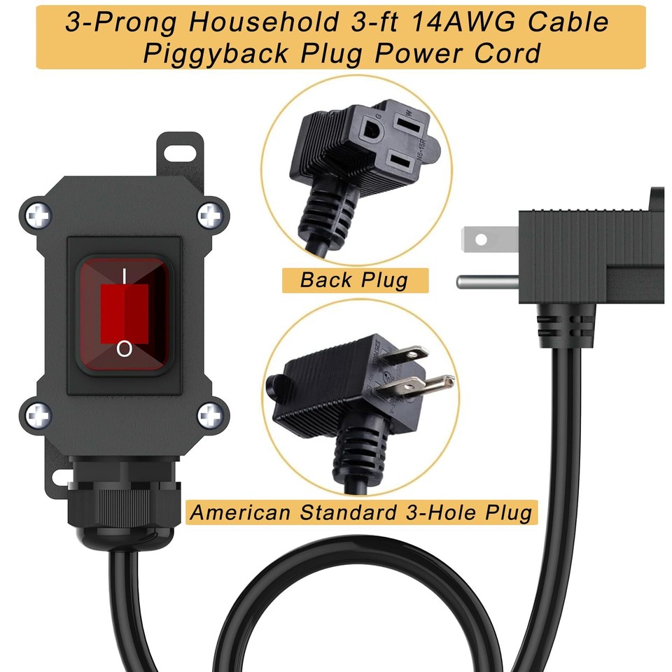Inline Cord Switch 3ft Cable Waterproof 3-Pronged Plug On/Off Rocker ...