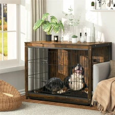 Rustic Brown Wooden Dog Cage Cat Pet Crate House End Table Dog Kennel Dual Door