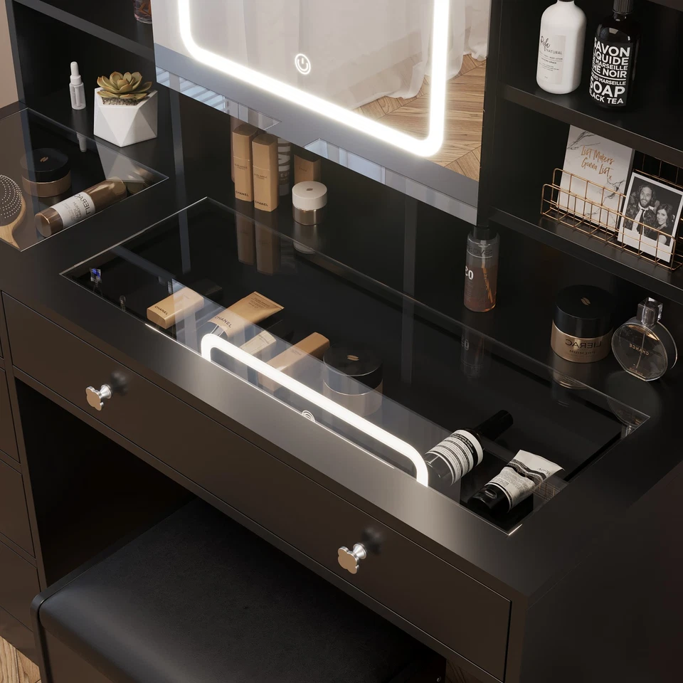 Juego de tocador tocador espejo de maquillaje LED tocador con central eléctrica para mujer Foto 3 de 4