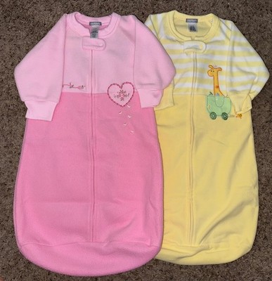 2 Carter's 0-9 Month Fleece Sleep Bags Yellow Giraffe/Pink Flowers