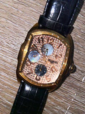 Techno Com. by KC Quartz Analog Gold Tone Tonneau Black Leather Strap