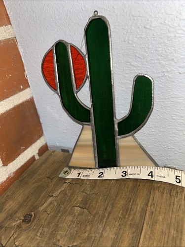 Stained Glass Cactus 6 x 4 Suncatcher Southwest Orange Green Handmade Hang Ring - Picture 8 of 8
