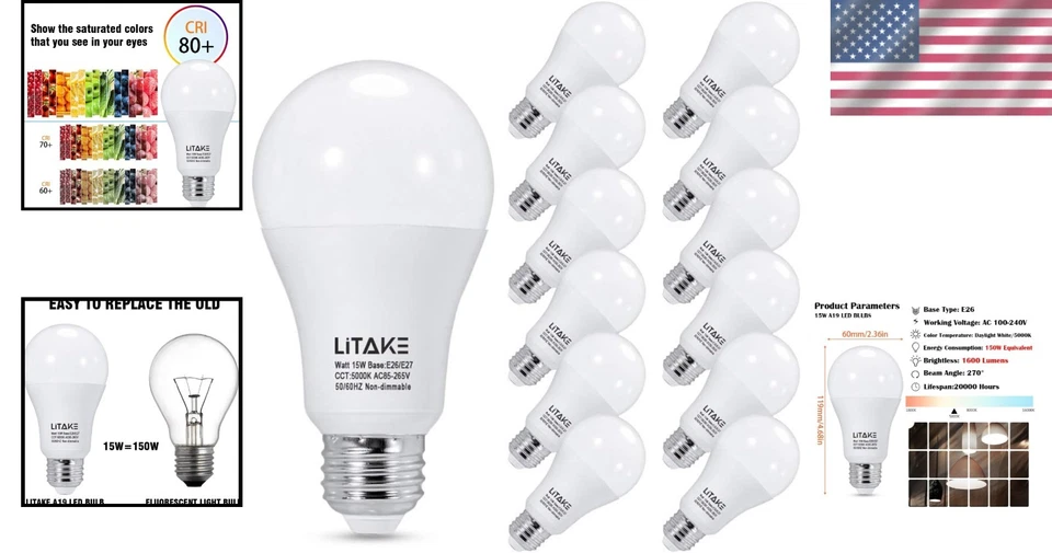 A19 LED 150W Equivalent Bulbs - 5000K Daylight, 1600 Lumens, 12-Pack - Image 2 of 4