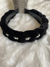 Black Velvet Braided Headband with Pearl Accents