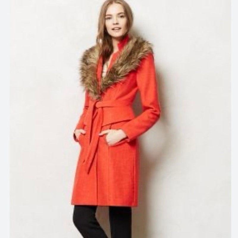 ANTHROPOLOGIE Plenty by Tracy Reece Faux Fur Belted Wool Blend Pea Coat Size 4P