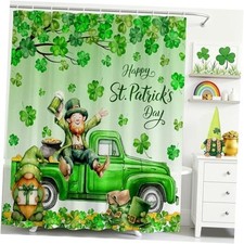 St Patricks Day Shower Curtain Green Shamrock Clover Gnomes Truck Bathroom