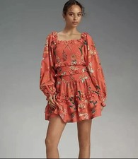 Farm Rio x Anthropologie Smocked Ruffle Mini Dress floral Size S