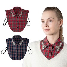 Red Christmas Plaid Detachable Collar, Rhinestone Fake Women Collar Faux V2F8