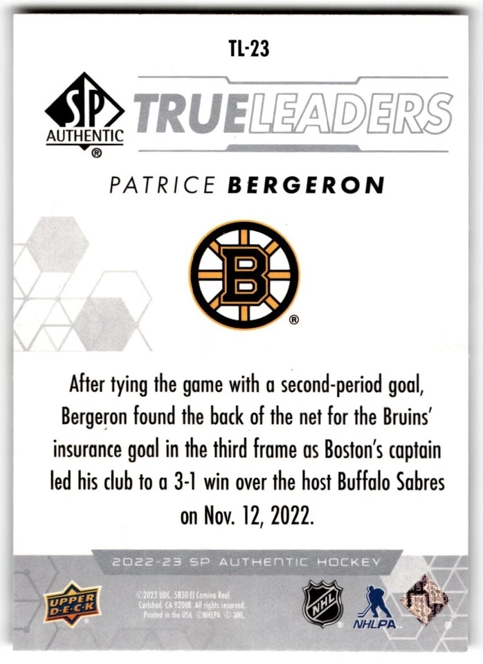 2022-23 SP Authentic True Leaders Patrice Bergeron #TL-23 Boston Bruins - Image 2 of 2