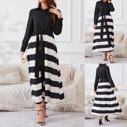 Sexy Women Striped A-Line Long Sleeve Maxi Dress Ladies Holiday Party Dress Gown