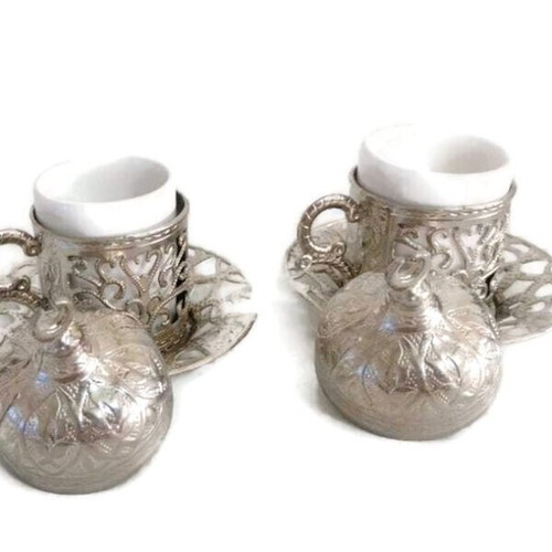 Traditional Handmade Copper Porcelain Turkish Ottoman Coffee Serving Set 2 Pcs