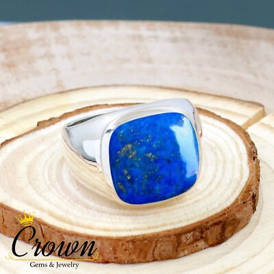 Genuine Lapis Lazuli Ring In Sterling Silver – Cushion Bezel Setting, Sizes 5-12, Unisex Birthstone Jewelry