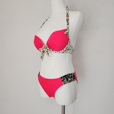 Victoria's Secret 2 Piece Bikini Swimsuit Push-Up Halter Pink Leopard 32C/S