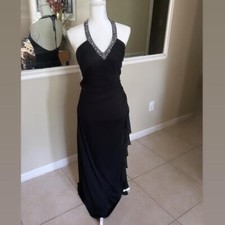 Betsy Adam by Linda Bernell Black Ruched Beaded Halter Y2K Whimsygoth Gown SZ 6