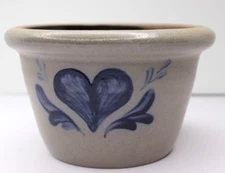 Rowe Pottery Works Salt Glazed Blue Heart Bowl Crock 1993 Stone Pottery Handmade