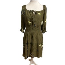 Floral Embroidered Dress Smocked Waist Peasant Cottagecore Olive Green Size M