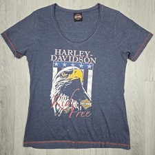 Harley Davidson Shirt Women Large Blue Graphic Print Rhinestones