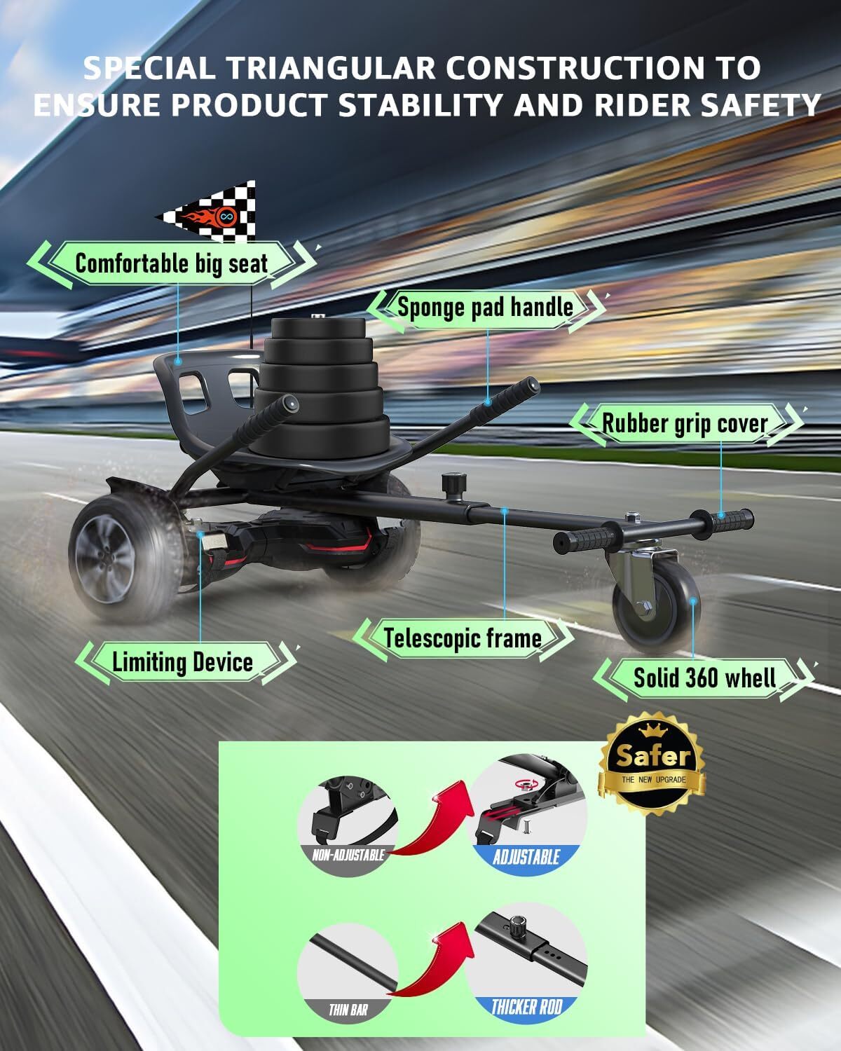 Hoverboard Go Kart Seat Attachment, Adjustable Frame and Handlebar, Fits 6.5