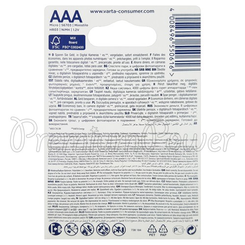 16 x Varta AAA 800mAh batteries Rechargeable Ni-MH 1.2V HR03 Micro 56703 Accu - Picture 2 of 2