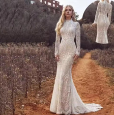 Embroidered Lace Wedding Dress High Collar Long Sleeve Mermaid Dresses