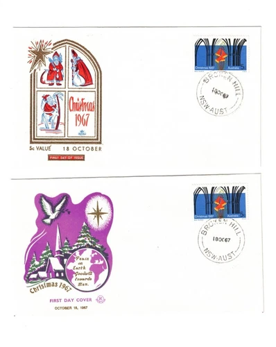 Australia 1967 5c Xmas on EXCELSIOR & ROYAL FDC,cds BROKEN HILL NSW  (2 Covers)