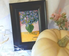 ORIGINAL ART ATC ACEO STILL LIFE BALLOON FLOWERS LAVENDER USA BY SUE FURROW