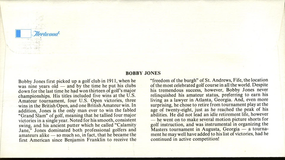 US FDC #1933 GOLF Bobby Jones FLEETWOOD Cachet 18¢ 1981 - Image 2 of 2