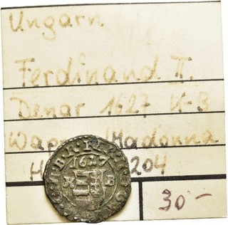 FITZ RDR Ungarn Ferdinand II Denar 1627 Kremnitz Körmöcbánya Coin Silver µFIM78