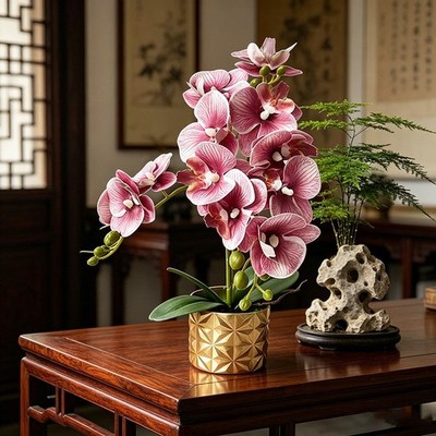 K��nstliche Phalaenopsis Orchidee mit 12 Bl��ten im goldenen Topf f��r Home Offi