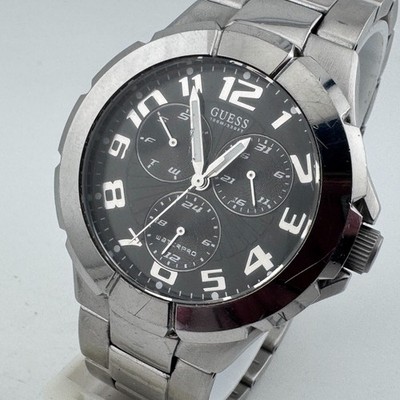 Guess Quartz Watch Men 100m Silver Black Fixed Bezel Day Date New Battery 7.5''