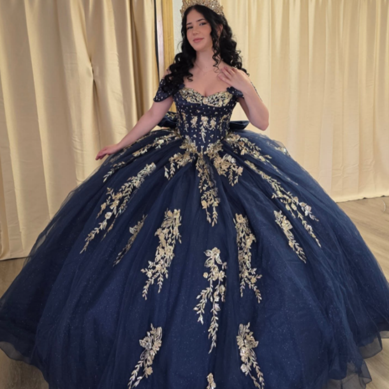 Navy Blue Quinceanera Dresses with Bow Gold Decals Sweet 16 Party Ball Gowns Navy Blue Quinceanera Dresses with Bow Gold Decals Sweet 16 Party Ball Gowns