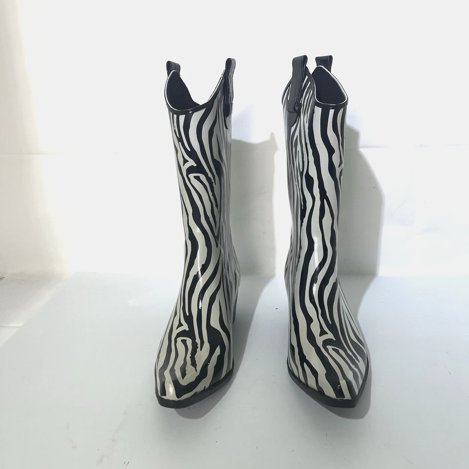 Women's 9M Zebra Print Rain Boots Y2K Vintage Heeled Western Cowboy - Image 2 of 4
