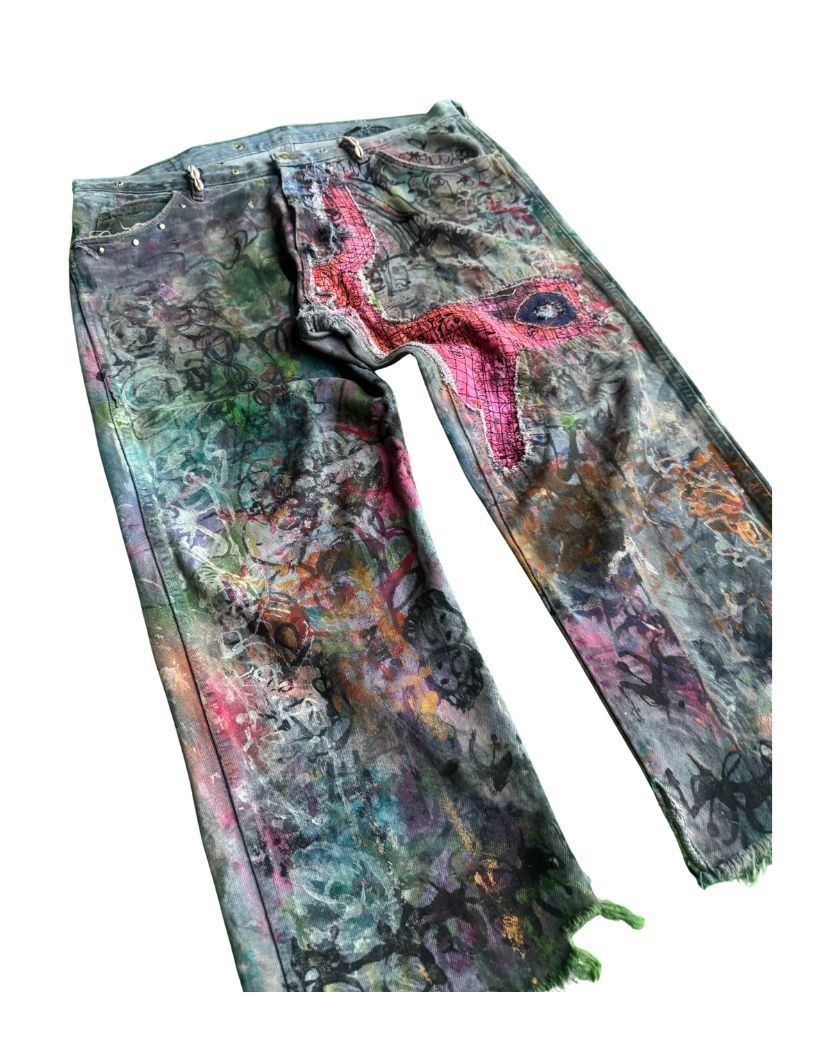 Handmade Patchworked Jeans Hand Painted Denim Wit… - image 2