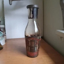 1890 HAND BLOWN FRENCH CHERRIES OR FRUIT BOTTLE WITH LABEL METAL TOP & CONTENTS