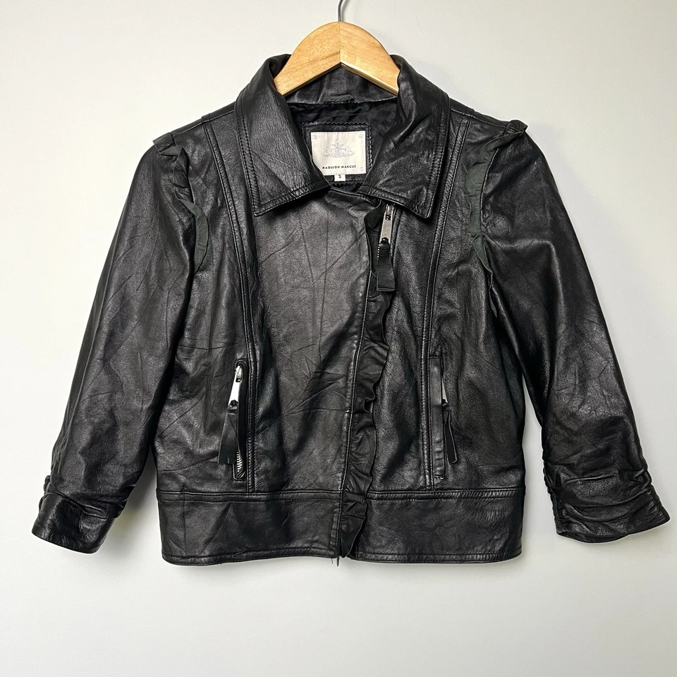 Chaqueta motera de cuero negra Madison Marcus talla S vanguardista femenina rockera suave grunge Foto 2 de 4