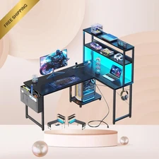 Gaming Desk 43" L-Shaped with Power Outlets & LED, Corner Computer Desk w/ Shelv