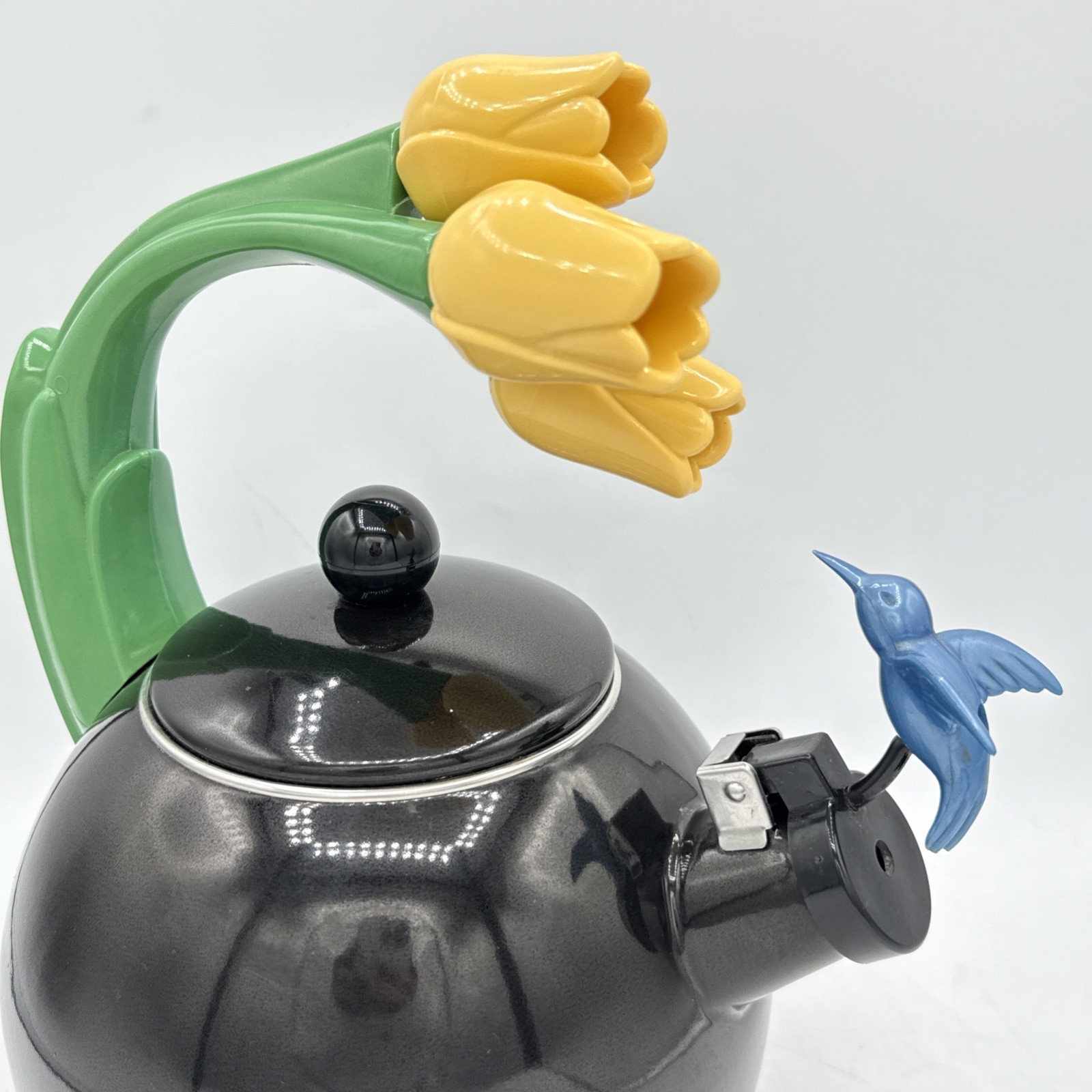 Vintage Ancona RARE Black Enamel Whistling Tea Kettle Tulip & Hummingbird 90s