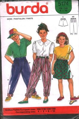 5174 UNCUT Burda Sewing Pattern Girls Boys Shorts Pants UNCUT OOP Sew 4-10 1980s