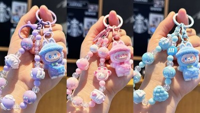Cute Figure Doll Keychain with String of Beads Stand with Hat Bag Pendant Gifts