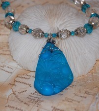 Wire Wrapped Aqua Blue Faux Sea Glass Necklace 18.5" Handmade Beaded Jewelry