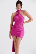 House of CB Mini Dress Aida Fuchsia Pink Satin Halter Scarf size M